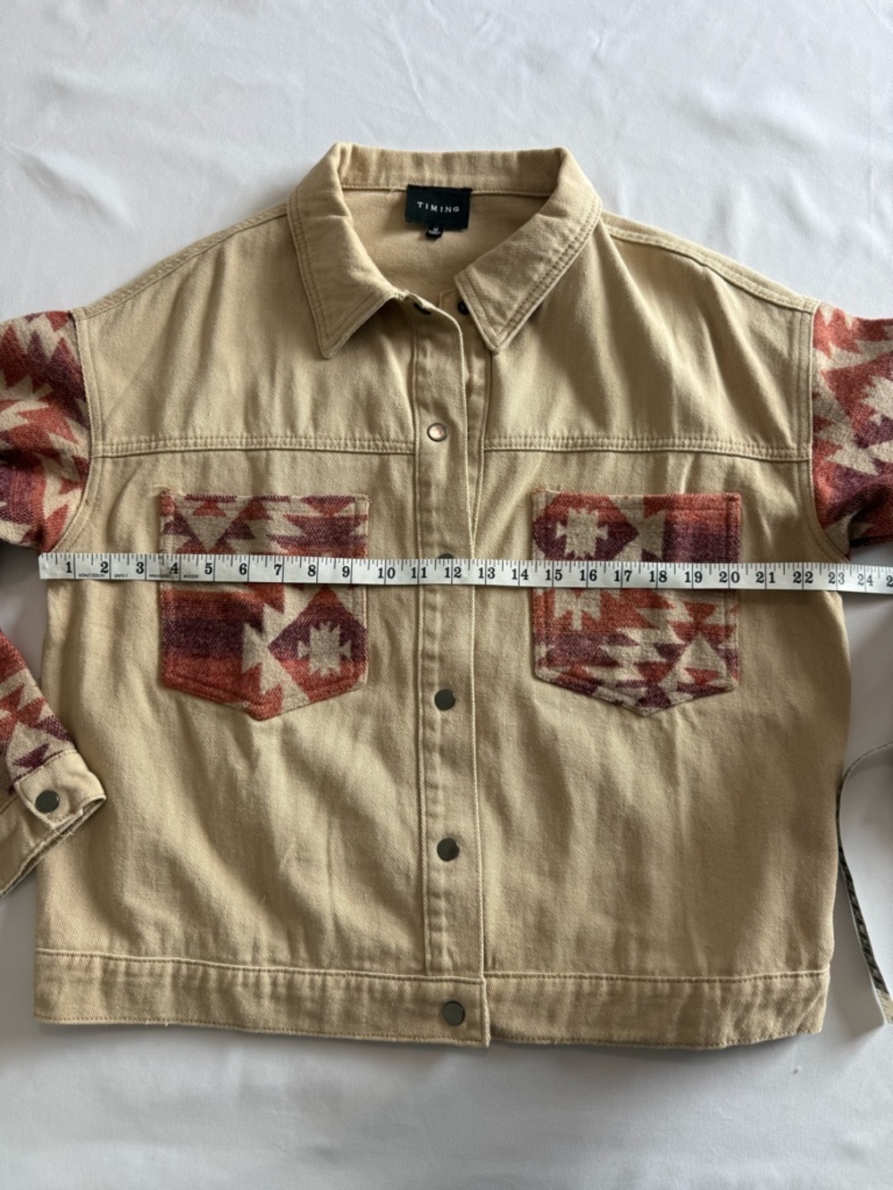TIMING Tan Jacket with Rust Aztec Patterned Sleeves - Picture 8 of 10